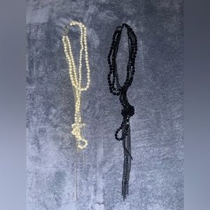 Set of 2 Express long knot necklaces, black, silver and pearl